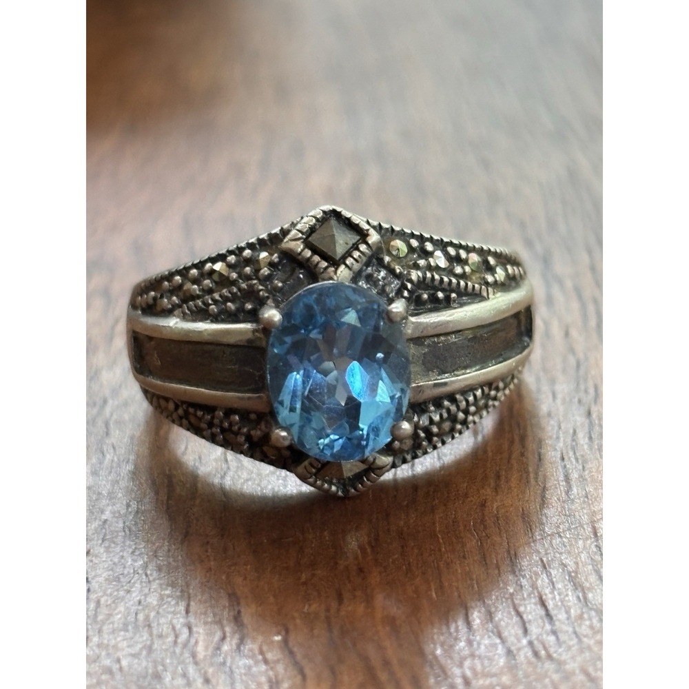 Vintage Sterling Silver Blue Topaz And Marcasite Ring Size 8